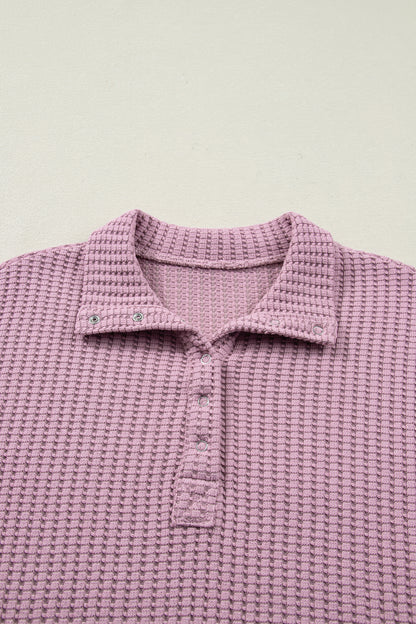 Casual Solid Color Textured Snap Button Collared Baggy Top