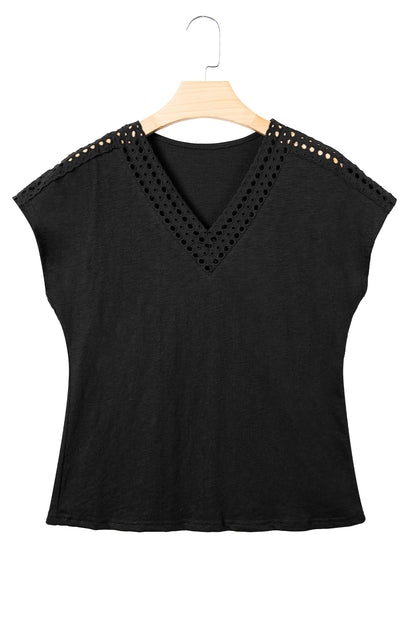 Black Cutout Embroidered Trim V Neck Cap Sleeve Tee
