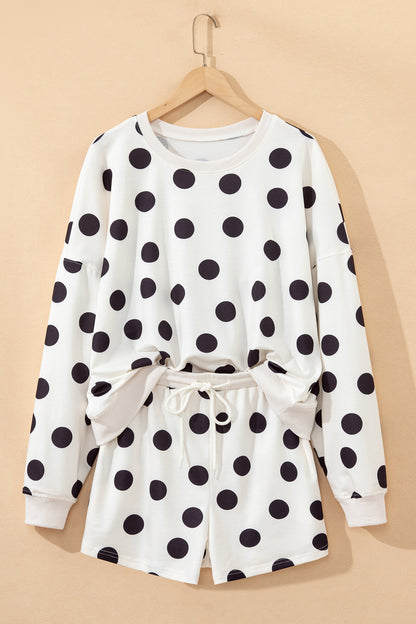Sky Blue Polka Dot Print Drop Shoulder Pullover Drawstring Shorts Set