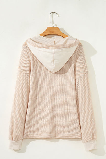 Racing Red Waffle Patchwork Drop Shoulder Hooded Long Sleeve Top