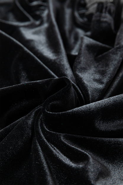 Black Frilled Collared Smocked Cuffs Puff Sleeve Velvet Blouse