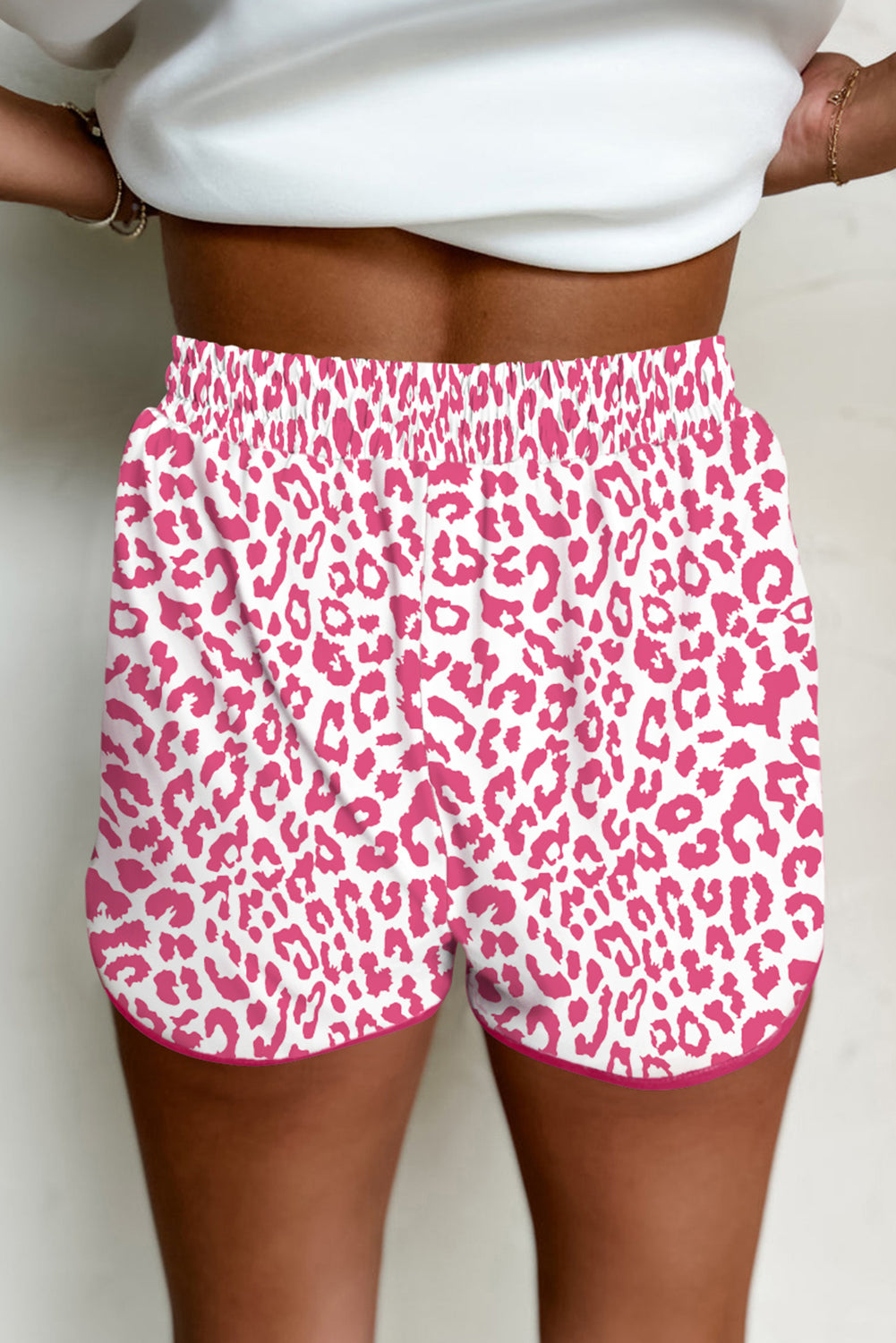 Blue Leopard Elastic Waistband Lace up Contrast Trim Casual Shorts