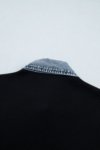 Black Textured Knit Denim Color Block Patchwork Collar Button Down Shirt