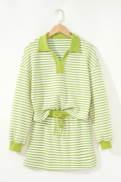 Pink Stripe Collared V Neck Drop Shoulder Pullover and Skort 2pcs Outfit