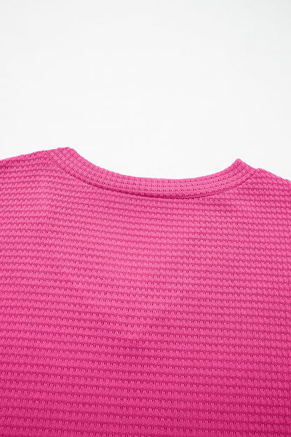 Strawberry Pink Waffle V Neck Short Sleeve Knit Top