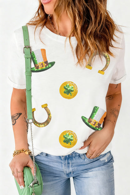White St Patricks Day Sequin Graphic Casual T Shirt