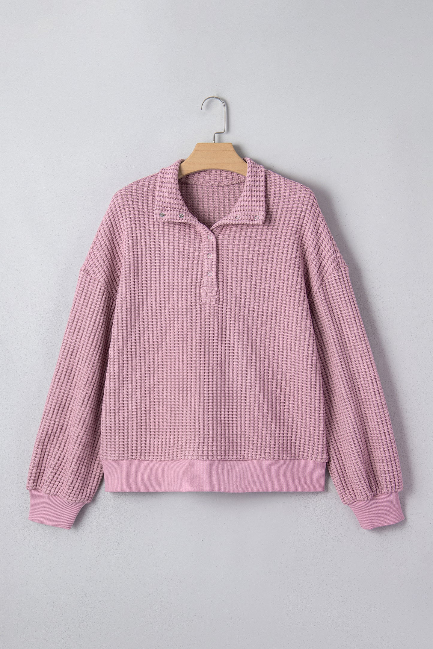 Casual Solid Color Textured Snap Button Collared Baggy Top