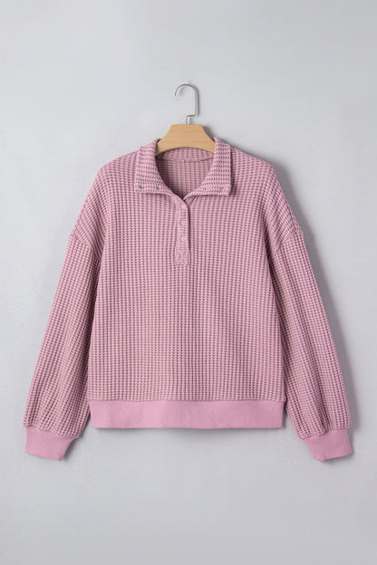 Casual Solid Color Textured Snap Button Collared Baggy Top