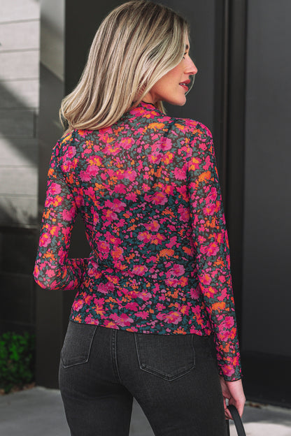 Pink Slim Fit Floral Mesh Long Sleeve Mock Neck Top