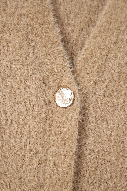 Smoke Gray Fuzzy Buttoned Front Midi Solid Cardigan