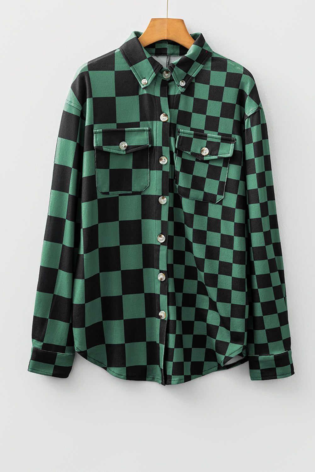 Black Checkerboard Flap Pocket Button Front Shacket