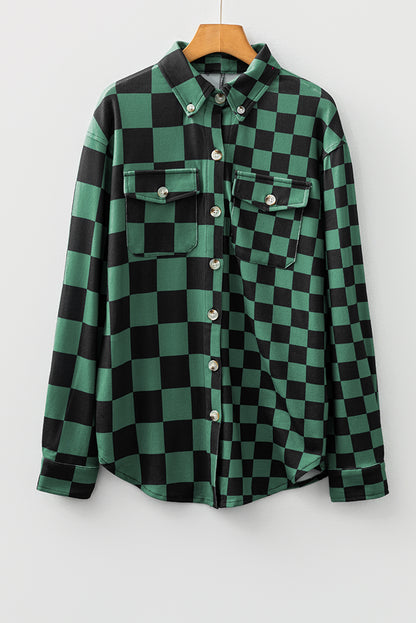 Black Checkerboard Flap Pocket Button Front Shacket
