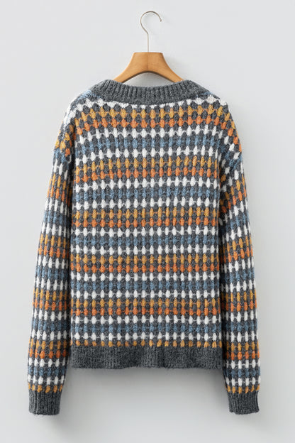 Multicolour Dotty Pattern Knit Button Front V Neck Sweater Cardigan