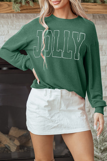 Black Twisted Rib Outlined Merry Letter Graphic Loose Long Sleeve Top