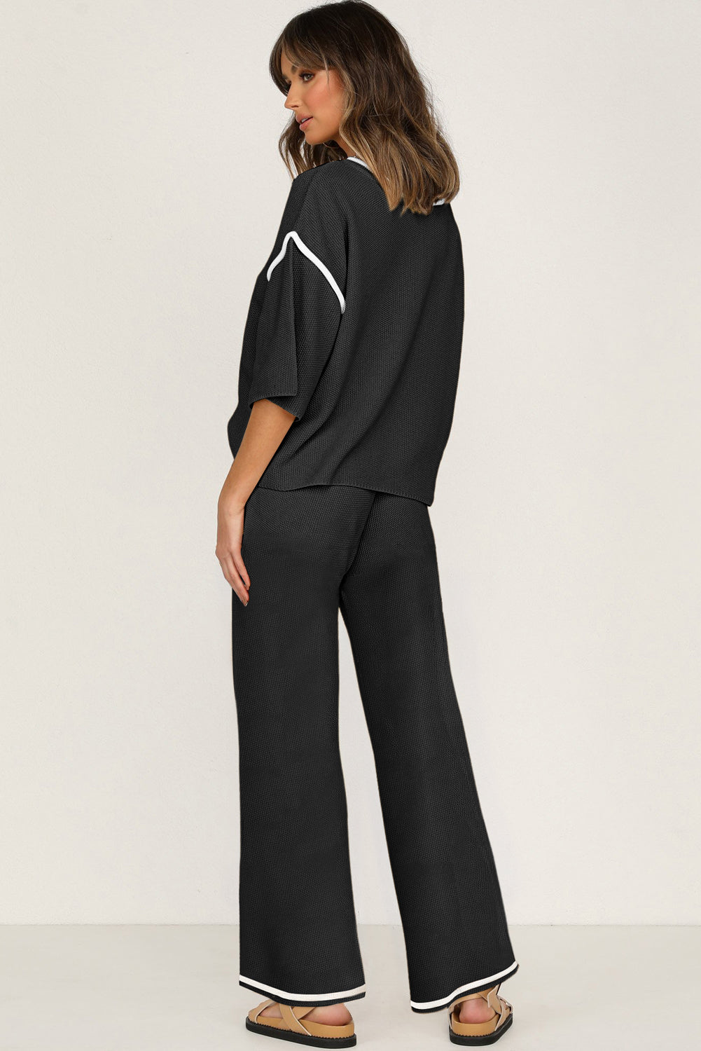 Guacamole Green Contrast Trim Half Sleeve Top Drawstring Pants Loose 2pcs Sweater Suit