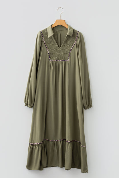 Four Leaf Clover Collared V Neck Smocked Detail Contrast Leopard Trim Bracelet Sleeve Long Dress