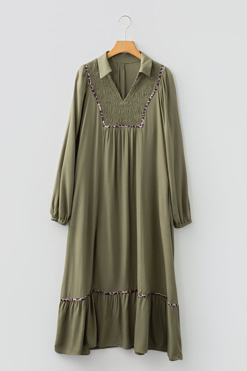 Four Leaf Clover Collared V Neck Smocked Detail Contrast Leopard Trim Bracelet Sleeve Long Dress