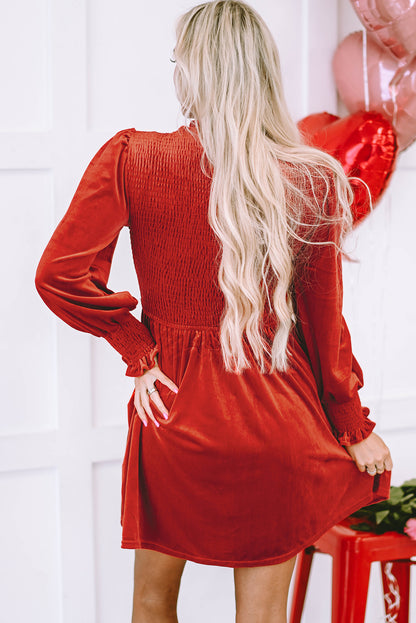 Black Frilled Neck Smocked Bodice Velvet Dress