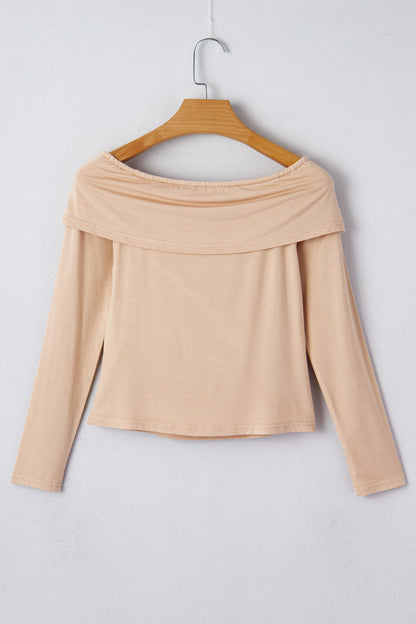 Smoke Gray Foldover Off Shoulder Long Sleeve Slim Top
