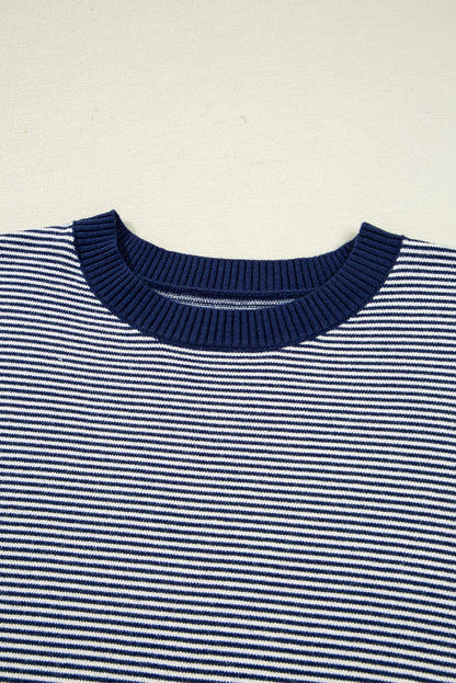 Blue Stripe Color Block Patchwork Dolman Oversize Tunic Sweater