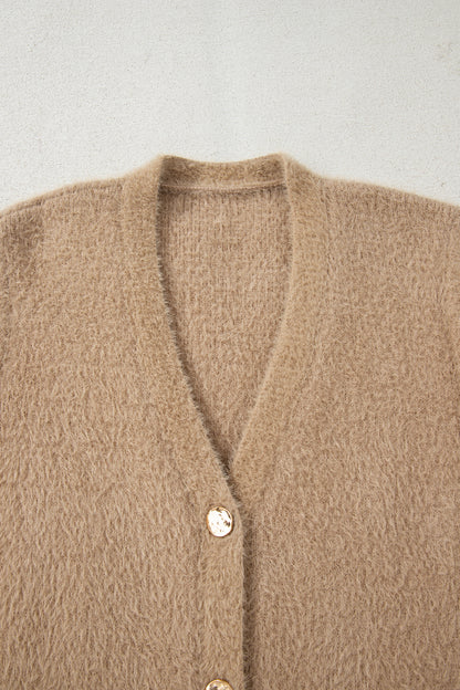 Smoke Gray Fuzzy Buttoned Front Midi Solid Cardigan