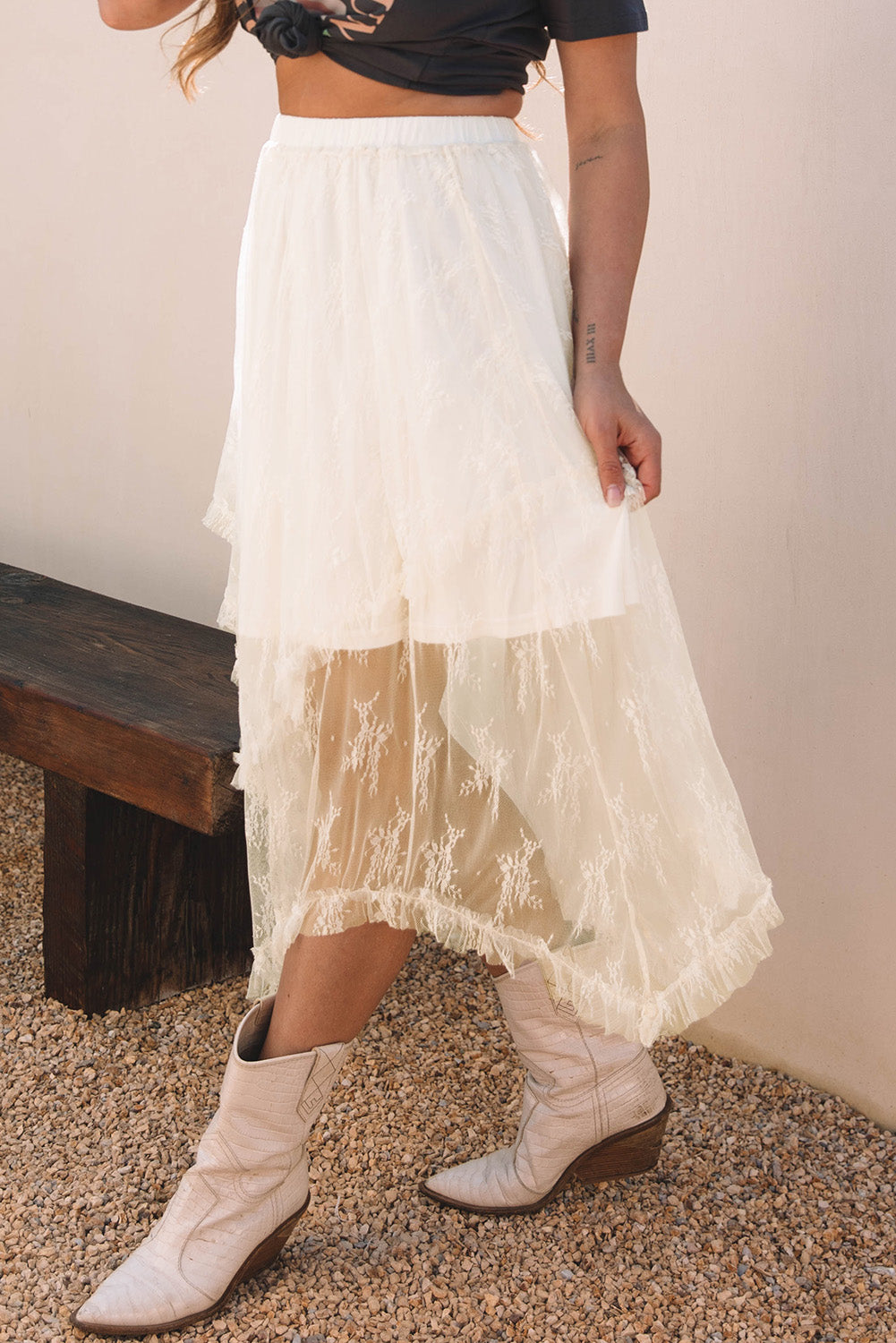 Apricot Lace Cascading Tiered High Waist Maxi Skirt