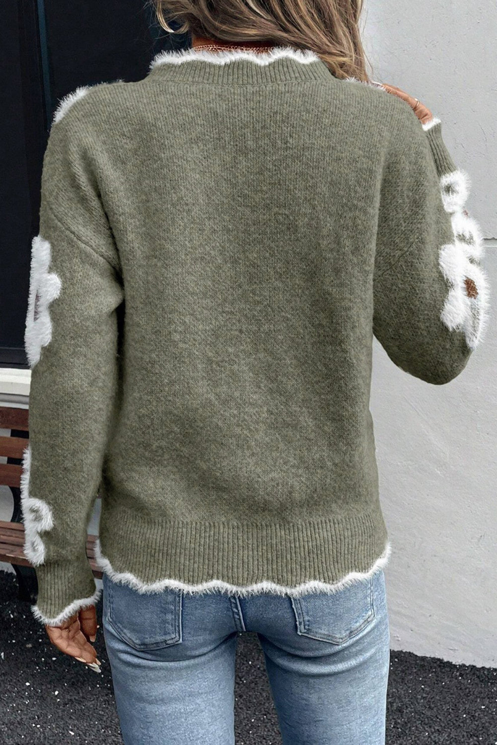 Seagrass Plush Flower Pattern Scalloped Trim V Neck Sweater