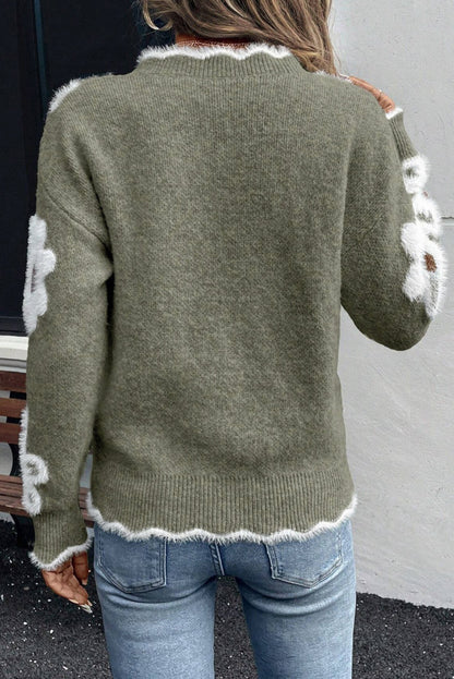 Seagrass Plush Flower Pattern Scalloped Trim V Neck Sweater