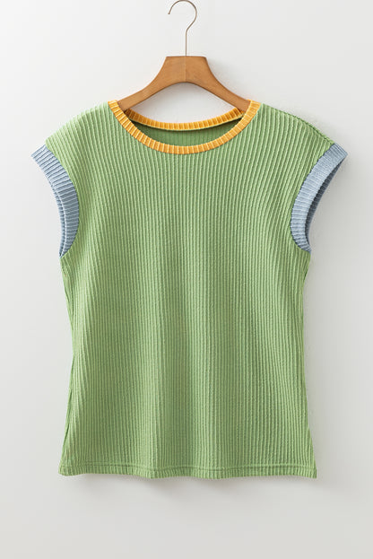White Color Block Corded Knit Crew Neck Tee