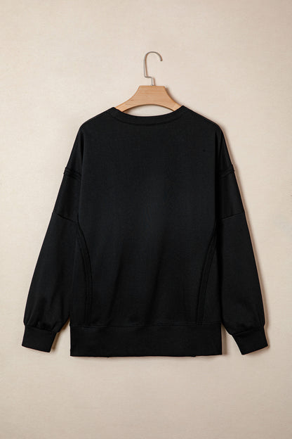 Black Bow Sequin XOXO Letter Graphic Exposed Seam Baggy Sweatshirt