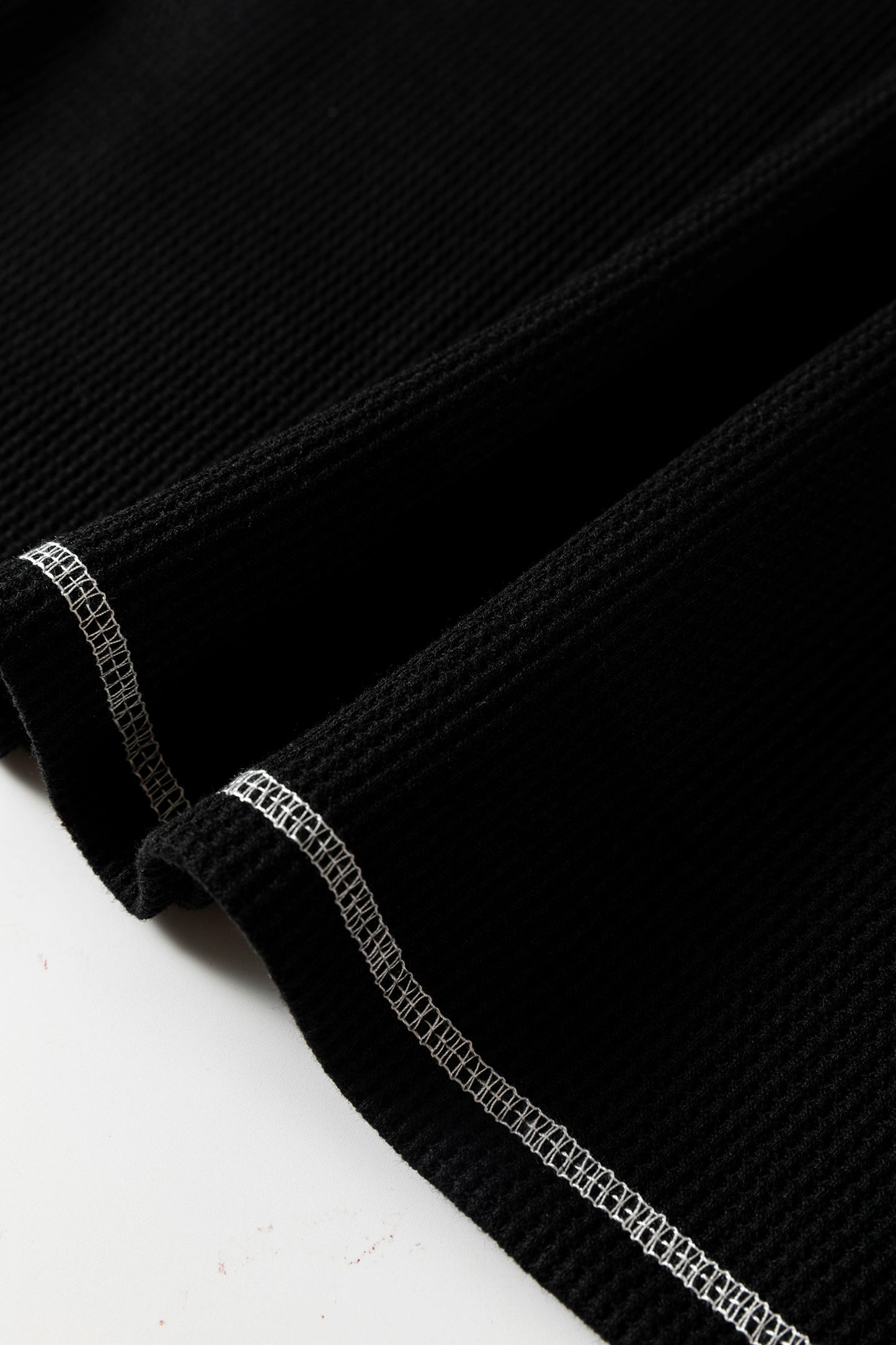 Black Waffle Textured Contrast Trim V Neck Tee
