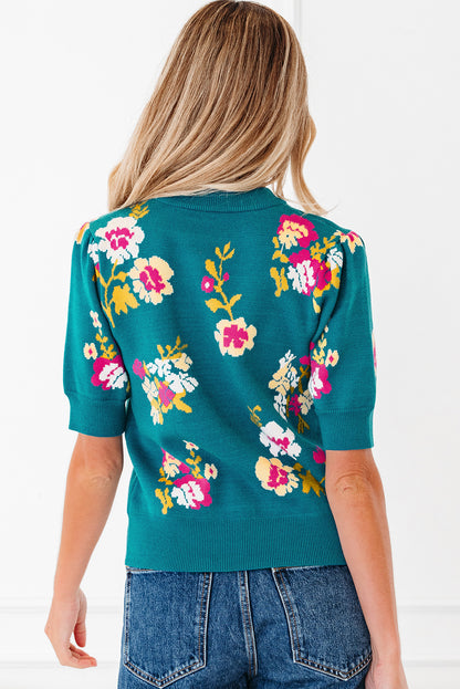 Blue Flower Pattern Mock Neck Short Sleeve Knitted T Shirt