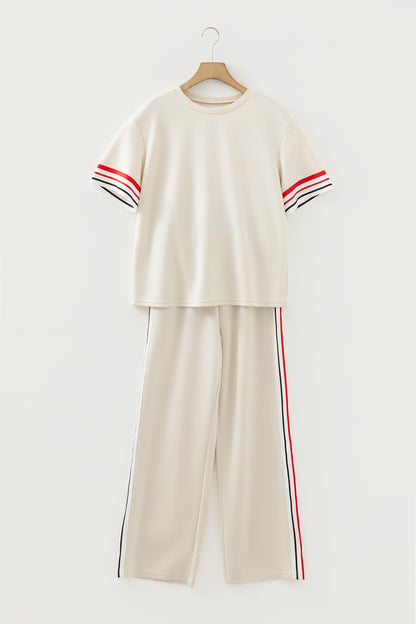 Jet Stream Contrast Striped Trim Crewneck T Shirt Loose Straight Pants Set