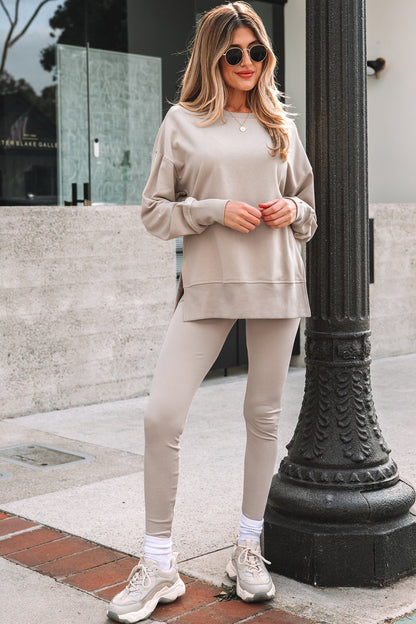 Jet Stream Solid Color Oversize Slit Sweatshirt Ribbed Leggings 2pcs Set