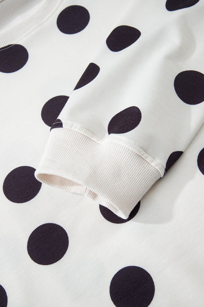 Sky Blue Polka Dot Print Drop Shoulder Pullover Drawstring Shorts Set