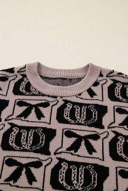 Brown Bows & Horseshoes Pattern Western Fashion Print Sweater