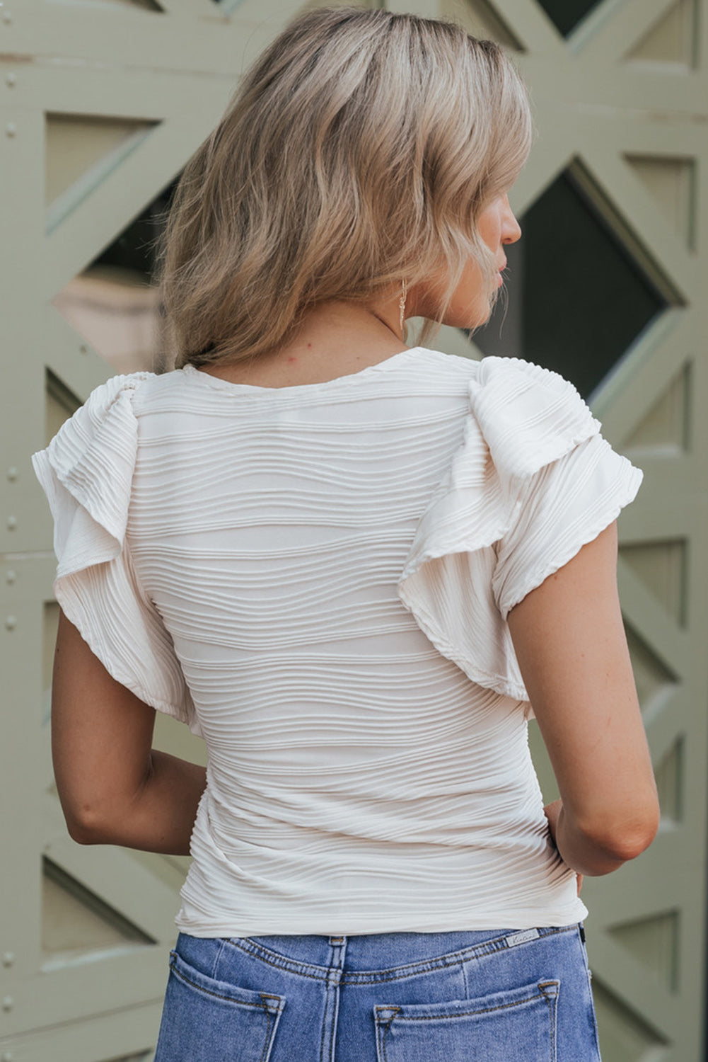 Real Teal Wavy Textured Ruffle Sleeve Top