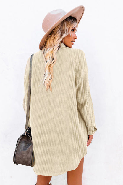 Black Corduroy Shirt Style Full Button Long Sleeve Shift Mini Dress