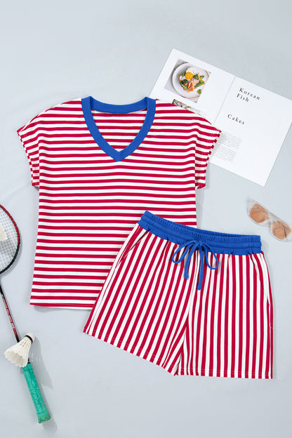 Pink Stripe Colorblock Trim V Neck Tee Drawstring Elastic Waist Short Set