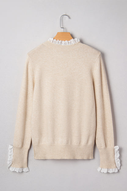 Jet Stream Lace Trim Patchwork Buttoned Cuffs Loose Sweater