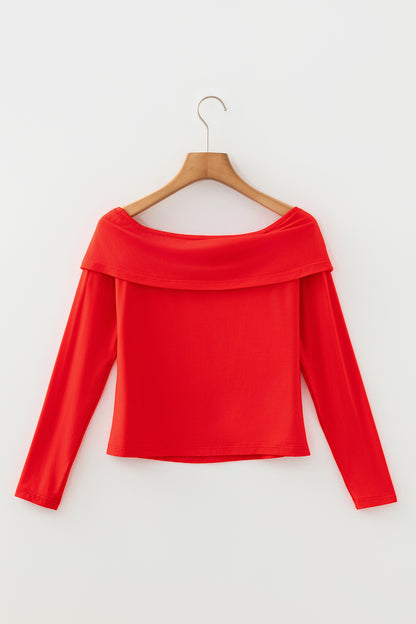 Smoke Gray Foldover Off Shoulder Long Sleeve Slim Top