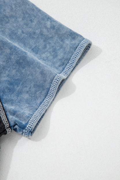 Laurel Green Waffle Knit Seam Detail Color Block Patchwork Short Sleeve Top