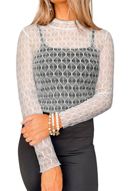 Coffee Sheer Mesh Patterned Lettuce Trim Slim Long Sleeve Top
