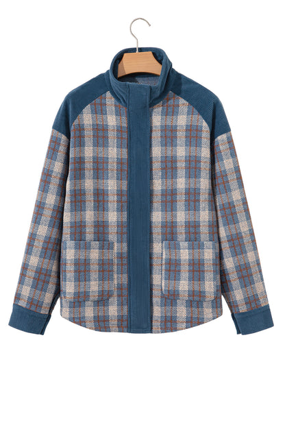 Gray Plaid Corduroy Patchwork Collared Zip Up Snap Button Jacket