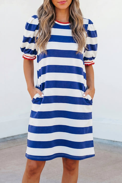 Blue Stripe Contrast Trim Round Neck Short Puff Sleeve Shift Mini Dress