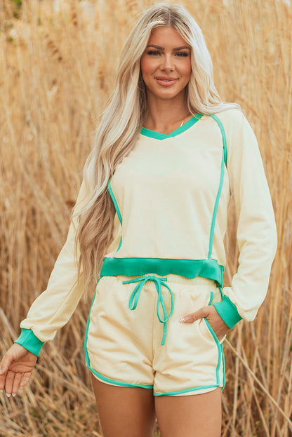 White Contrast Trim Colorblock Long Sleeve Pullover and Drawstring Shorts 2pcs Outfit