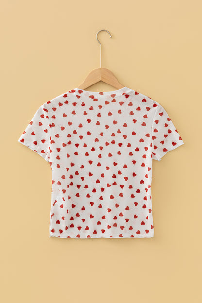 Red Allover Heart Print Mesh Short Sleeve Top