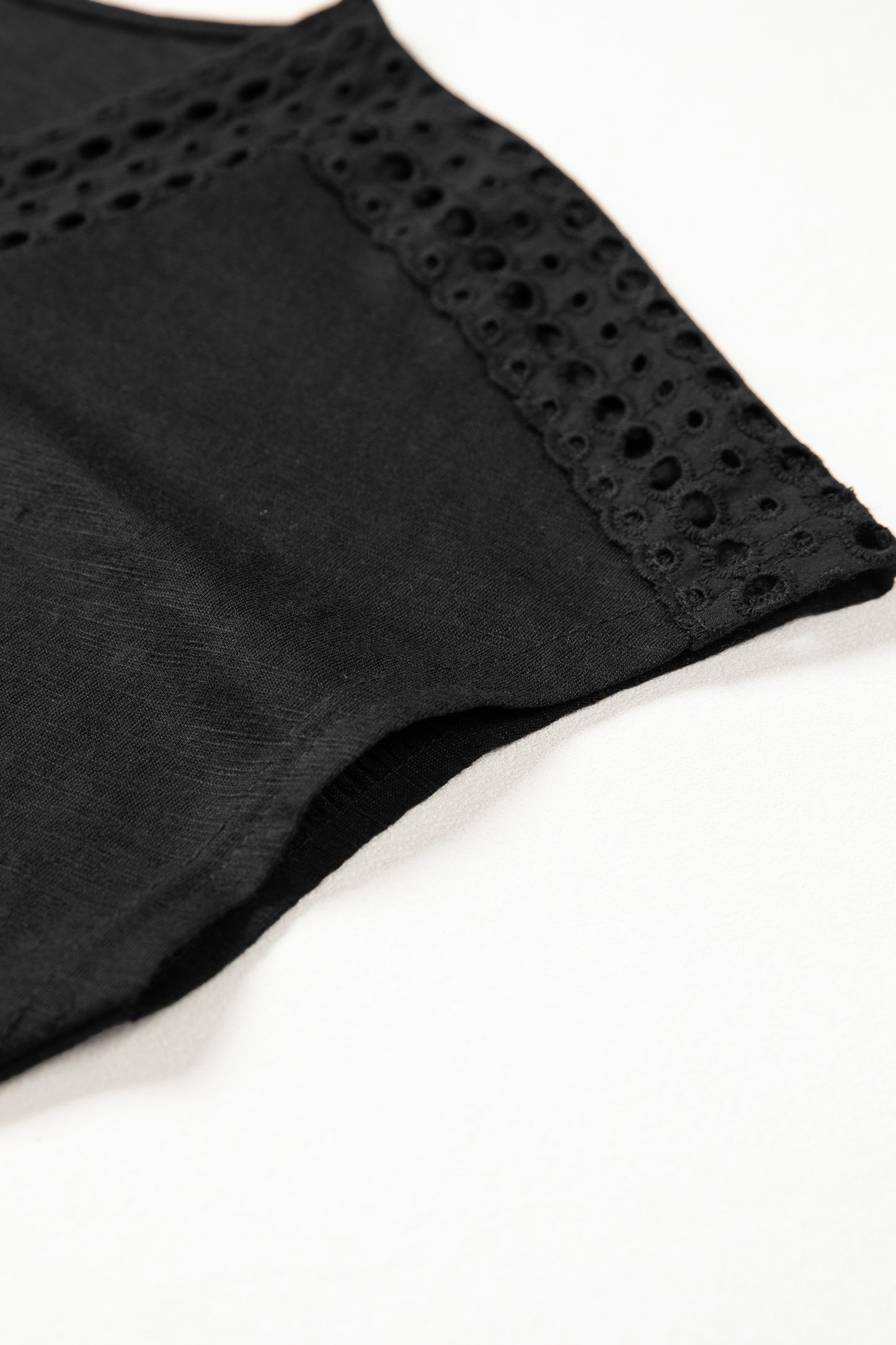 Black Cutout Embroidered Trim V Neck Cap Sleeve Tee