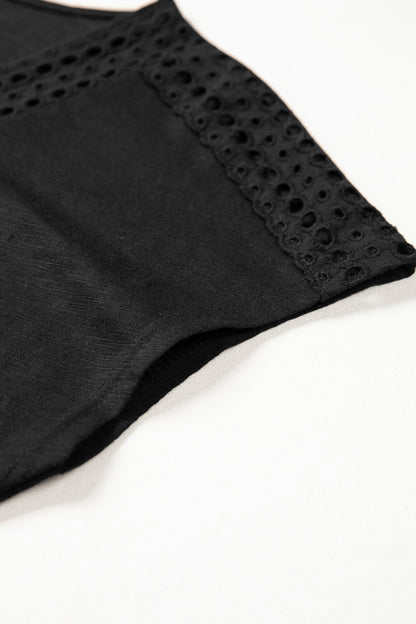 Black Cutout Embroidered Trim V Neck Cap Sleeve Tee
