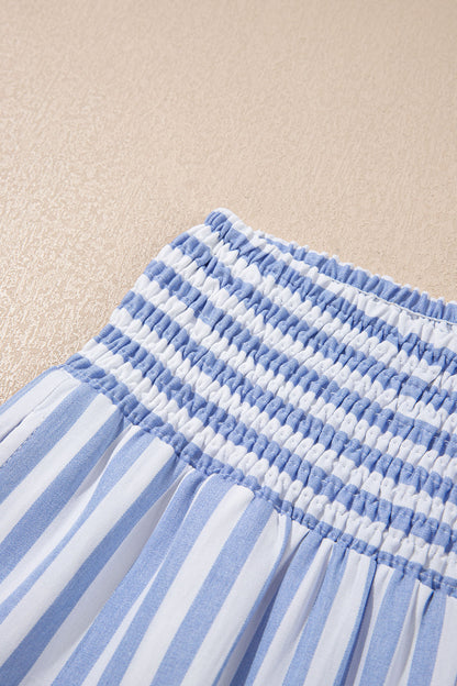 Black Stripe Shirred High Waist Loose Summer Pants